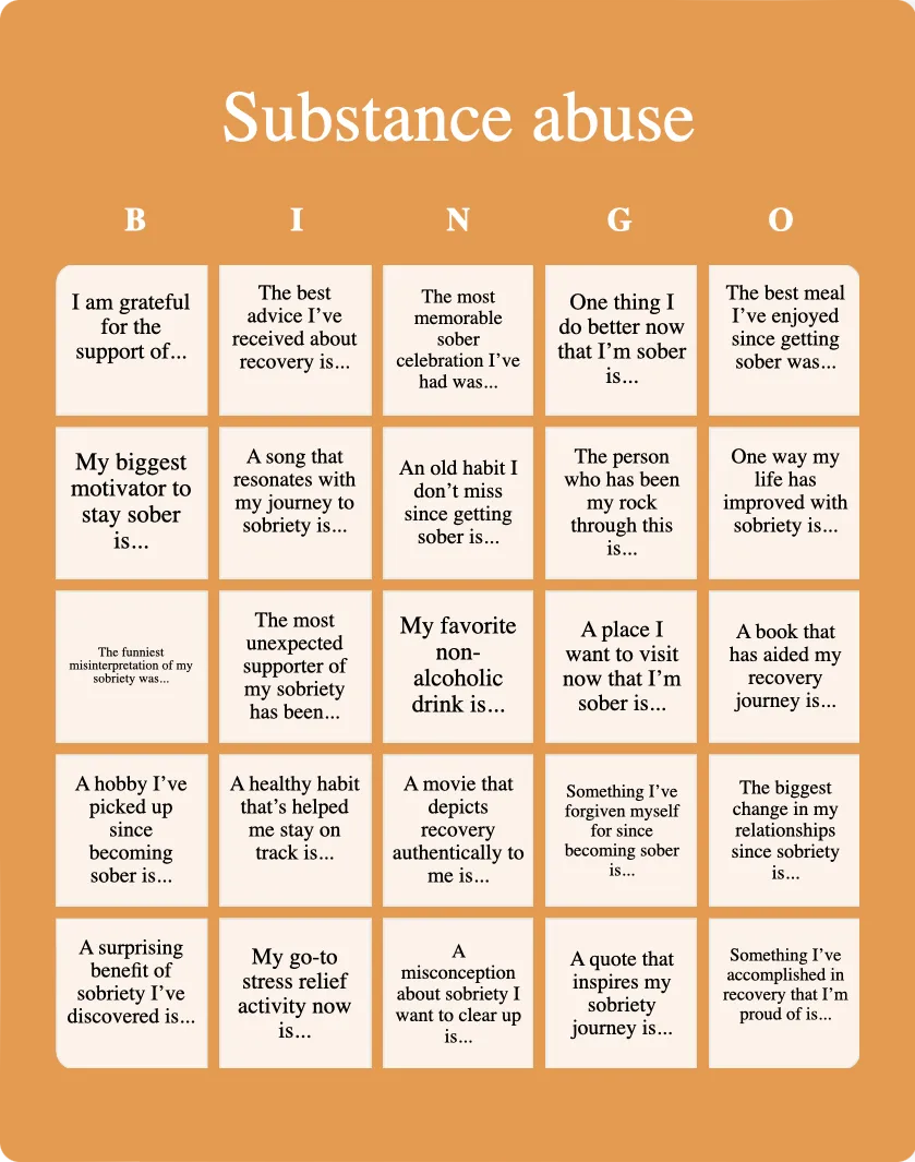 Substance abuse bingo card template